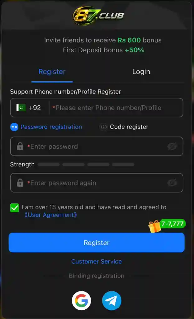 87CLUB GAME REGISTERATION IMAGE