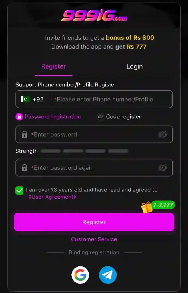 999IG Game registration page for new users