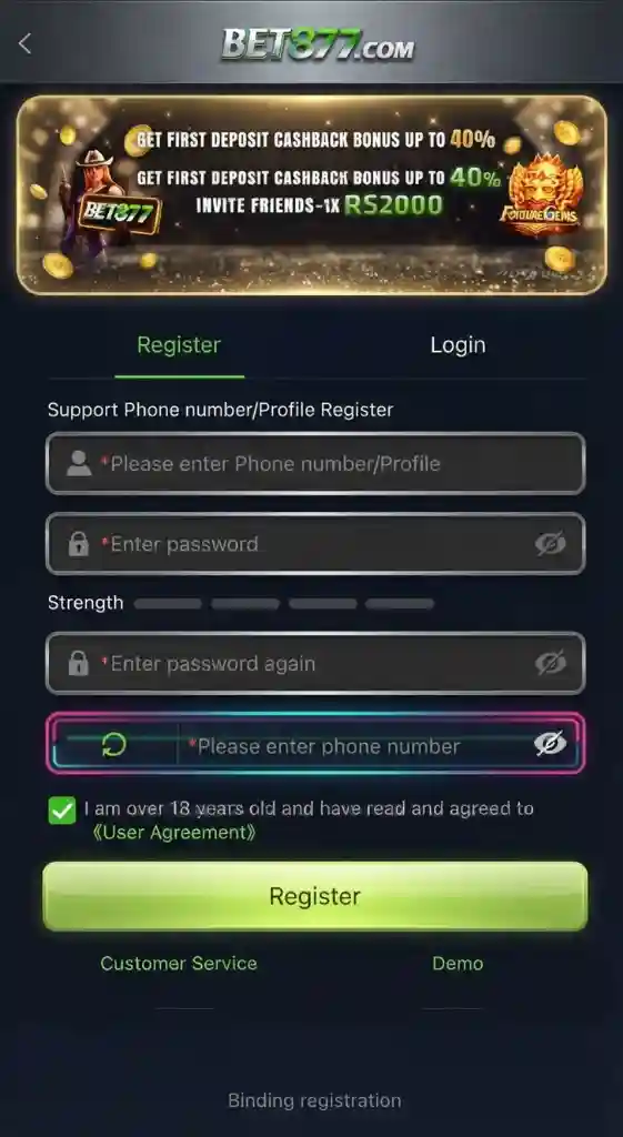 BET877 Game login page for Android users