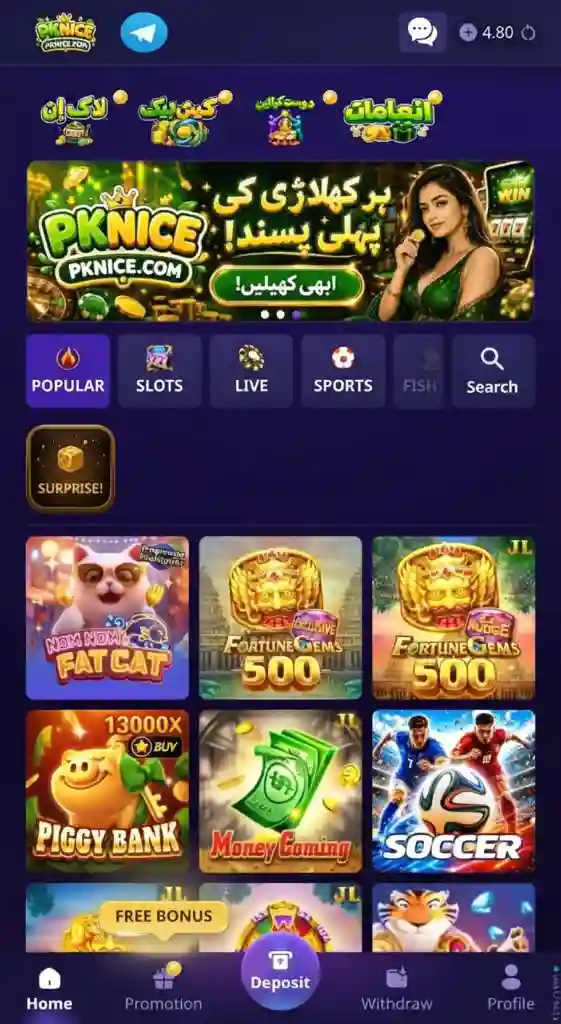 PK Nice Game dashboard interface on Android